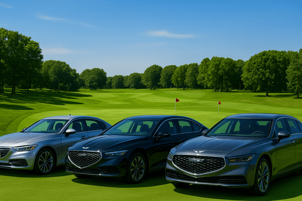 골프장 앞에 전담 배차된 승용차 세 대 이미지