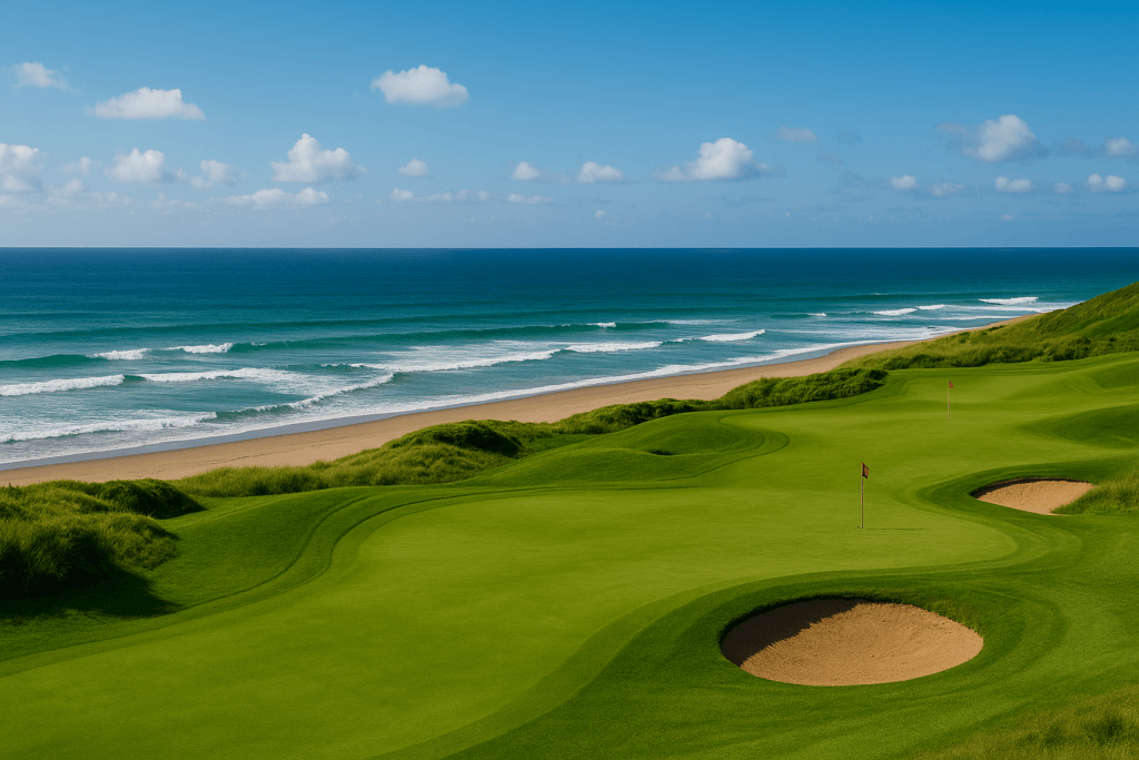 바닷가 링크스 코스의 페어웨이와 그린이 보이는 해안 골프장 전경 이미지
