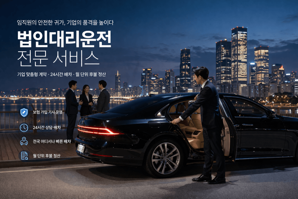 법인대리운전 기업 차량 이동 서비스 야간 도심 배차 장면